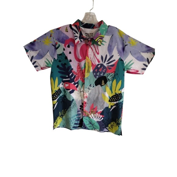Peacock Sleeves Floral Beach Camp Hawaiian Button Up Shirt Mens Size Medium - Picture 1 of 6